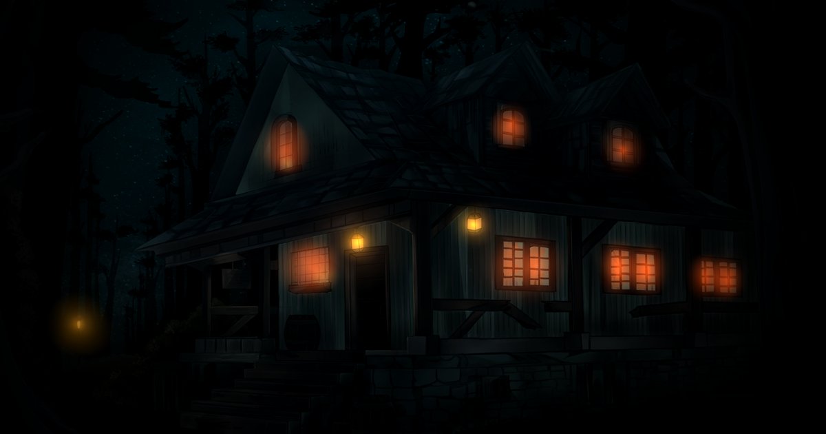 Atmospheric night view of the cabin from The Quiet After